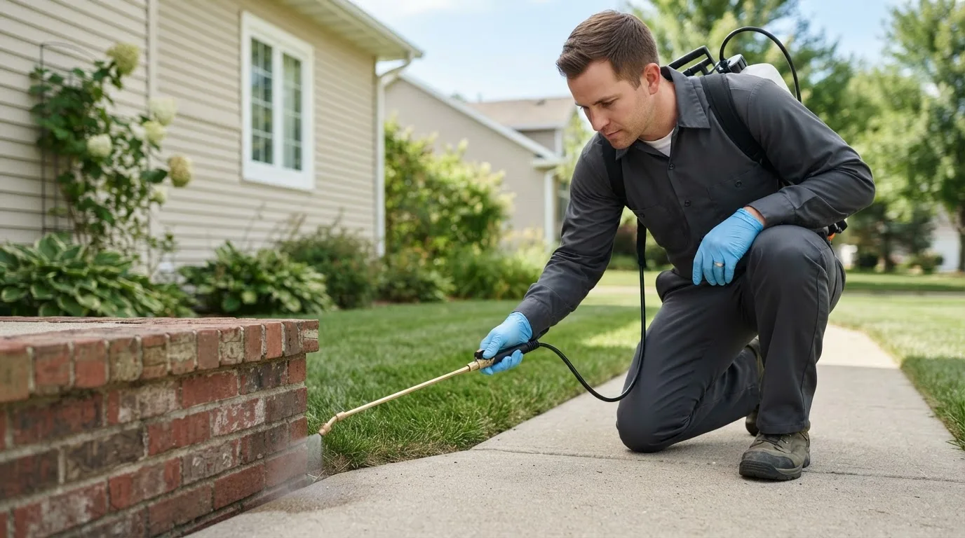 Pest control technician treating a home near Woodland, GA